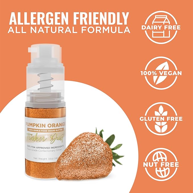 Bakell - Pumpkin Orange Tinker Dust (4g, 1x Mini Spray Pump) Edible Glitter for Food, Desserts, and Beverages!