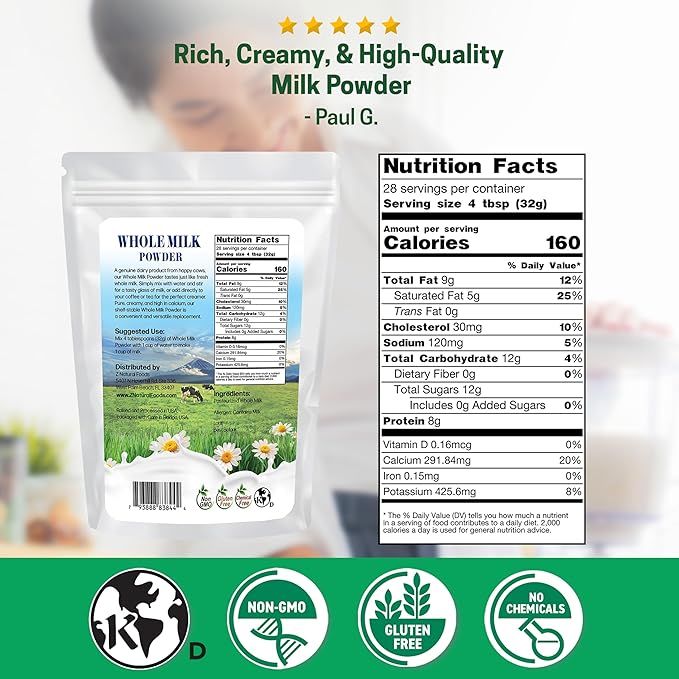 Z Natural Foods Premium Whole Milk Powder - Powdered Milk for Baking, Cooking, Drinks - Dry Milk Powder, Pasteurized, Non-GMO, Gluten-Free, Kosher-Certified, 2 lbs