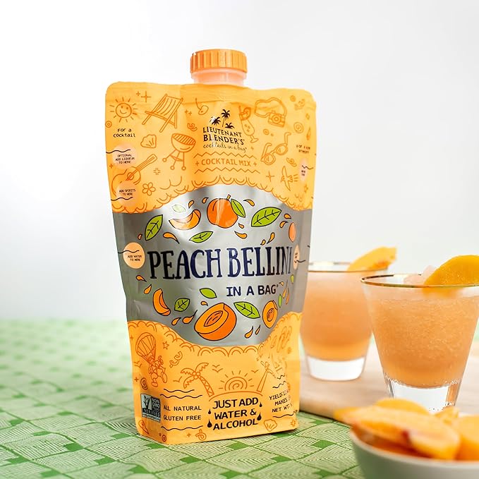 Lt. Blender's Peach Bellini in a Bag - Wine Slushie Mixes - Each Bag Makes 1/2 Gallon of Frozen Peach Bellini Mix – Non-GMO Wine Freezer mix - Make with Wine, Liquor or as a Mocktail - (Pack of 5)