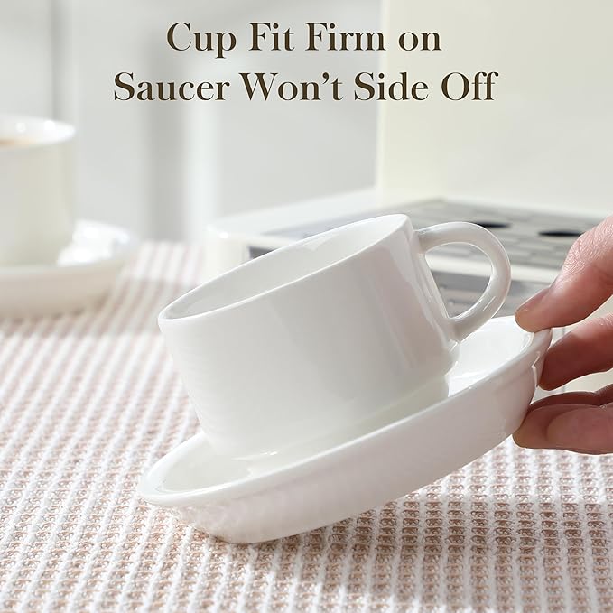 MALACASA 4 OZ Porcelain Espresso Cups with Saucers and Metal Stand Set of 4, Stackable Cappuccino Cups, White Expresso Shots Cup Set for Coffee Drinks, Latte, Tea