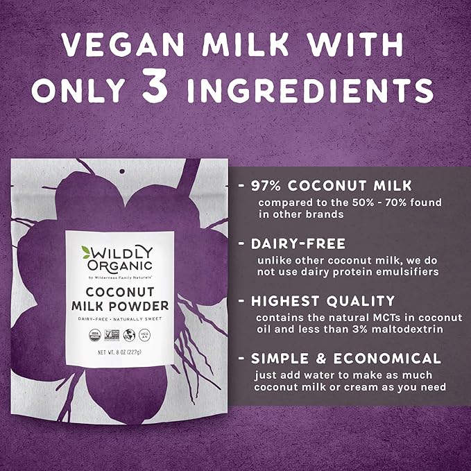 Wildly Organic Coconut Milk Powder 8 Oz Bag - Organic, Dairy-Free, Dry Milk Powder, Unsweetened, Dehydrated, Gluten-Free, Soy-Free, Non-GMO, Kosher, Vegan, 97% Coconut Milk with Zero Fillers | Makes Coconut Milk & Cream by Adding Water, Perfect in Smoo...