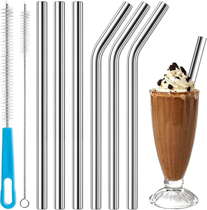 6 Pack Metal Smoothie Straw, 0.47''Extra Wide Stainless Steel Reusable Straws with 2 Straw Brush for Milkshake, Bubble tea