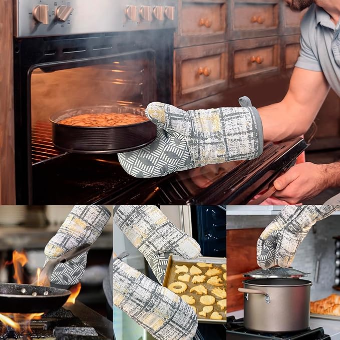 Thumb Oven Mitts, Heat and Slip Resistant Silicone Kitchen Mittens 2-Pack Set, Vintage Plaid Soft Long Oven Gloves, Flexible Thick Potholders for Safe Baking Cooking and Grilling (Vintage Grey)