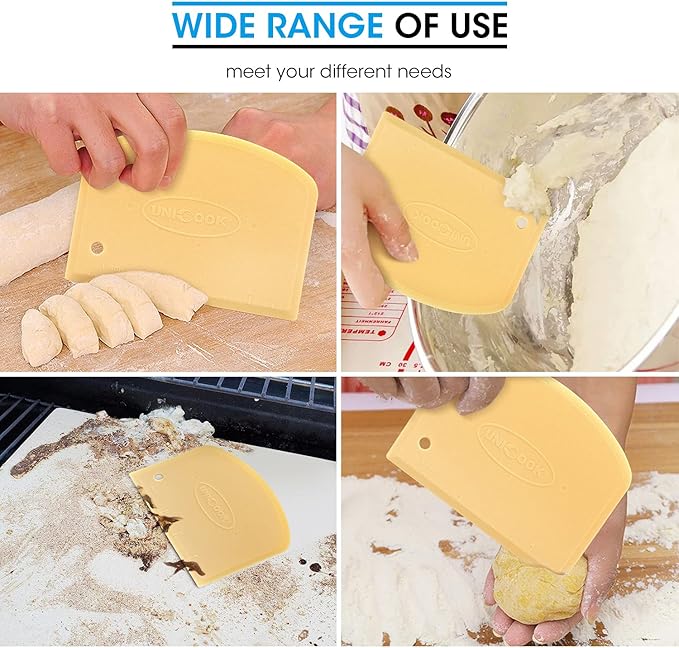 Unicook Dough Scraper, Flexible Bowl Scraper, Pastry Cutter with Measuring Scale, Nonslip Pizza Chopper, Multipurpose Baking Tool for Pizza/Dough/Cake, Easy to Clean, 2 Pack