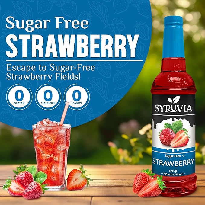 Syruvia Sugar-Free Strawberry Syrup, Flavored Syrup for Drinks, Cocktails, Lemonades, Iced Teas, and Desserts – 25.4 fl oz