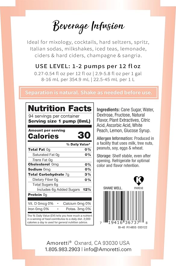 Amoretti - White Peach Lemonade Beverage Infusion Drink Mix & Water Enhancer with Pump for Flavoring Cocktails, Waters, Tea, and other Beverages, 94 Servings Per Bottle (750 ml), Preservative Free