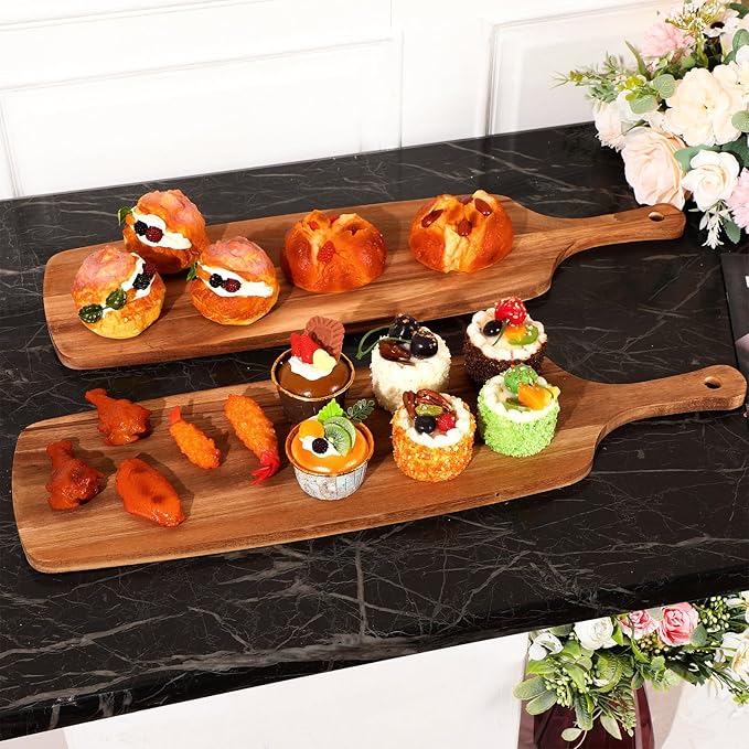 Kathfly 3 Pcs Acacia Wood Cutting Board with Handle Wooden Laser Kitchen Serving Charcuterie Board for Vegetables Meat Pizza Cheese Fruit Bread(24 x 7 Inch)