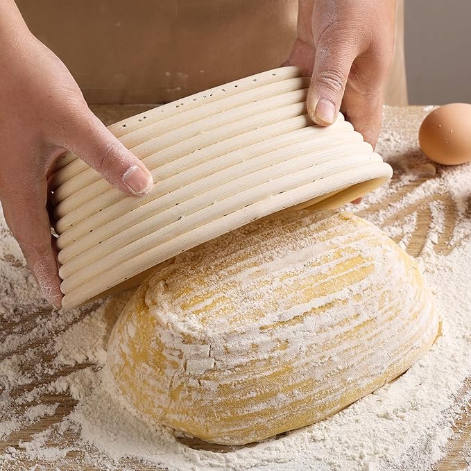 Banneton Bread Proofing Basket - Banneton Basket Set of 4 Pack 10 inch Oval Sourdough Proofing Basket with Liner - Handmade Rattan Proofing Rising Bowl for Artisan Bread Making Baking Supplies