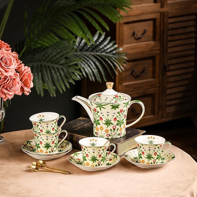 ACMLIFE Tea Set for Adults- Fine China Tea Set for 6, 21-Piece Vintage Coffee Set English Porcelain Tea Pot Sets for Adult Tea Party for Women Gift (Yellow ZF, Extra Large 21)
