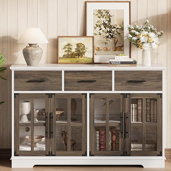 IRONCK Buffet Cabinet with Storage, 55" Large Sideboard Buffet Storage with LED Lights, Farmhouse Coffee Bar Wood Liquor Cabinet for Kitchen, Dining Room, White and Oak