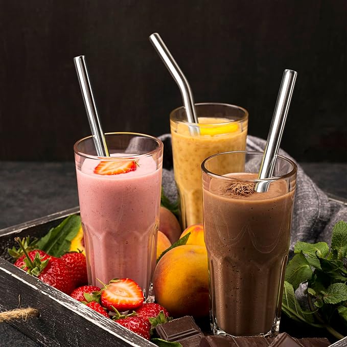 Stainless Steel Smoothie Straws, 0.47" Extra Wide Reusable Metal Drinking Straight & Bent Straws for Milkshake, Bubble Tea, Beverage