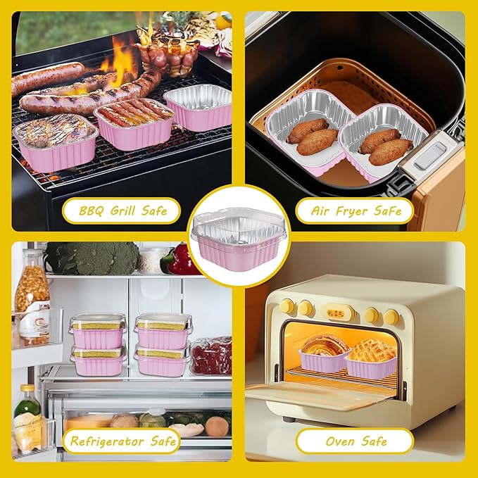 50 Pack Square Mini Cake Pans with Lids,Mini Loaf Pans with Lids,Aluminum Foil Baking Cups,Disposable Ramekins Cupcake Cups,Dessert Cups for Wedding Birthday Party Picnics,5oz (Pink)