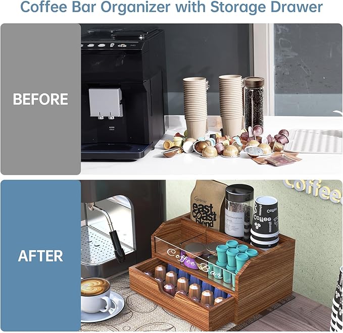NiHome Solid Wood & Acrylic Coffee Station Organizer with Storage Drawer, Multi-Purpose Adjustable Compartments Coffee Pod Holder for Home, Office, Hotel, Kitchen Counter Storage for Tea, Sugar, Cups