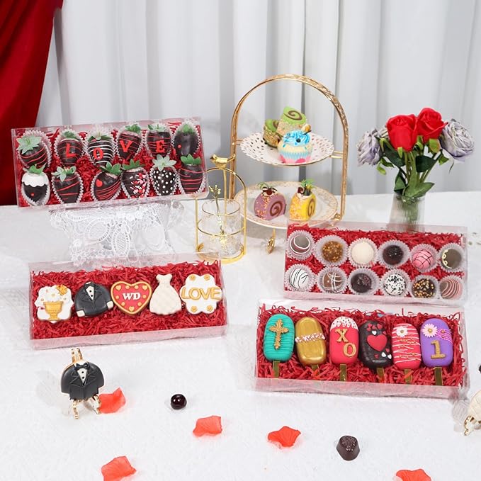 RomanticBaking 5Pcs 12x5x2Inches Clear Easter Cookies Boxes Plastic Chocolate Covered Strawberries Boxes for 12 Chocoalte Truffle Box Bakery Box Cakesickle Gift Treat Pack for Christmas Valentine's