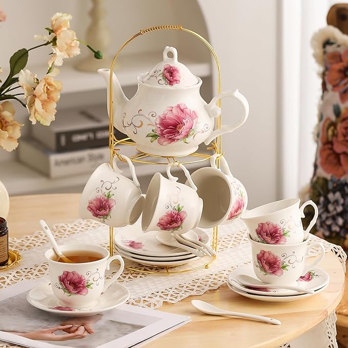 20-Pieces Tea Set For Adult with Golden Metal Rack,Porcelain Tea Sets For Women,Tea Gift Sets for Home&Party(015)