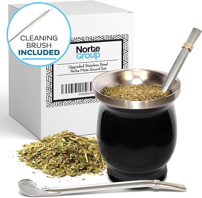 Norte Yerba Mate Cup Kit, 8-Ounces Traditional Mate Tea Cup/Gourd Set | Includes 2 Bombillas (Yerba Mate Straw) & Cleaning Brush, Stainless Steel Cup, Double-Walled, Easy to Clean | Black