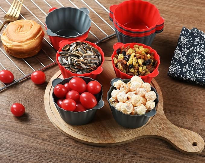 12 Pack Reusable Non-stick Large Silicone Baking Cups, 3.54 Inch Jumbo Silicone Cupcake Liners, Cake Molds with Handles, Large Muffin cups, Red and Gray