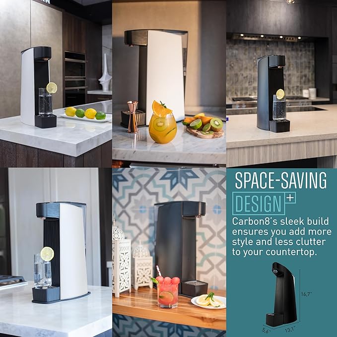Carbon8 Home Soda Streaming Machine, Carbonator with Screw-In CO2 Cylinder, Countertop Water Mineralizer, Filtration & Purification System, Sparkling Seltzer Water Maker, BPA-Free