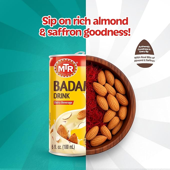 MTR Badam Drink, Ready-to-Drink - Authentic Indian Almond Milk Beverage, Real Bits of Almond & Saffron, No Added Preservatives, No Added Artificial Flavors & Colors, Gluten-Free, Refreshing Drink, Perfect for Anytime Refreshment, Pack of 6
