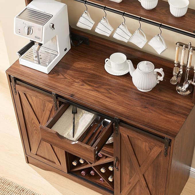 Wnutrees Farmhouse Coffee Bar Cabinet with Charging Station and USB Ports, Sliding Barn Door, 39" Kitchen Hutch Sideboard Buffet Storage Cabinet, Fits Kitchen Dining Living Room, Brown