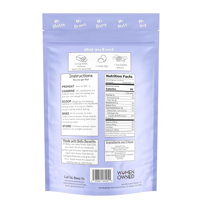 Belly Chocolate Chip Cookie Mix with Collagen Protein | High-Protein | Soft & Chewy Cookies | Grain-Free Dairy-Free Nut-Free | Healthy Snacks For Adults & Kids | Women-Owned Business | 10.5 oz | 3 Pack