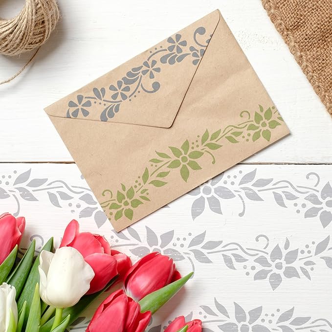 NAKLEO Painting Stencil for Crafts A5 5.9” x 8.3”, Flowers Mini Border Pattern, Reusable Plastic DIY & Scrapbooking Drawing Template, Decoupage Art Home Decor, Wall Wood Fabric Furniture