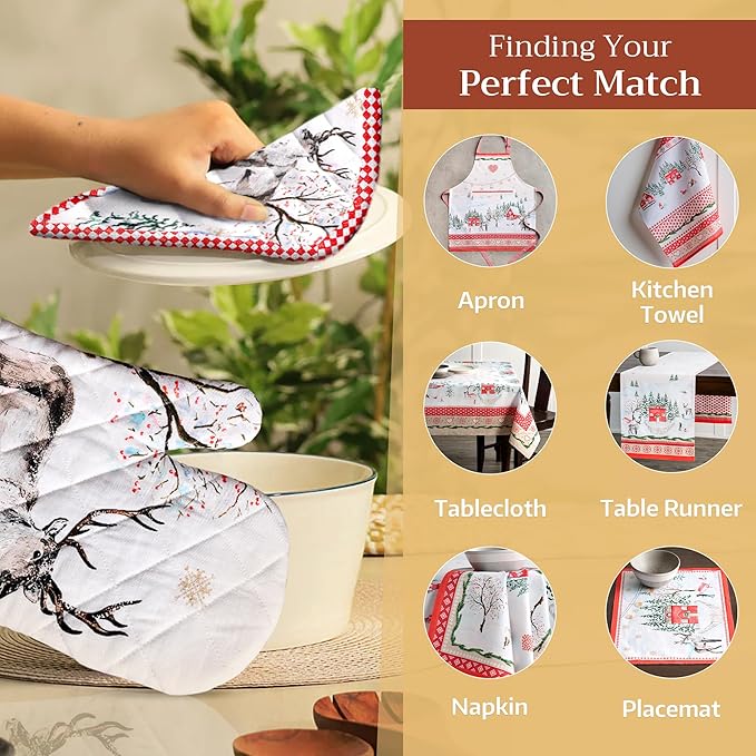 Maison d' Hermine 100% Cotton Oven Mitt & Pot Holder Set (7.5"x13" & 8"x8") Heat Resistant BBQ Cooking Gloves with Loop, Baking, Grilling, Kitchen, Handling Hot Pans (Rural Christmas)