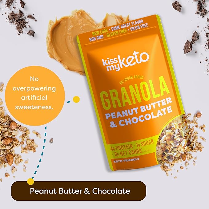 Kiss My Keto Sugar Free Granola, Peanut Butter Chocolate 1-Pack – Curb Cravings with Few Net Carbs – Allulose Sweetened, Resealable & Gluten-Free Crunchy Clusters – Grain Free Granola Great With Yogurt or Milk