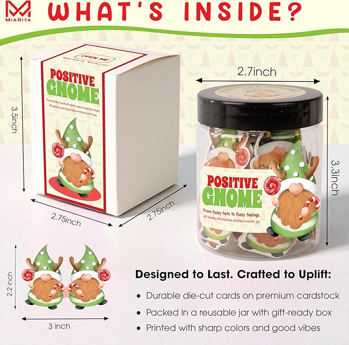 Positive Gnome Jar – 60 Emotional Support Gnome, for Teens, Women, Men, Coworkers, Teachers, Sisters, Friends – Gnome Gifts for Women, Teens, Kids, Christmas Stocking Stuffer