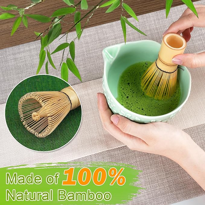 Matcha Whisk Set, Matcha Set 7 Pieces - Ceramic Matcha Bowl with Spout, Bamboo Chasen Whisk & Holder, Scoop, Sifter, Tea Towel - Complete Kit for Matcha Tea Ceremony, Latte, Ideal Gift(Green)