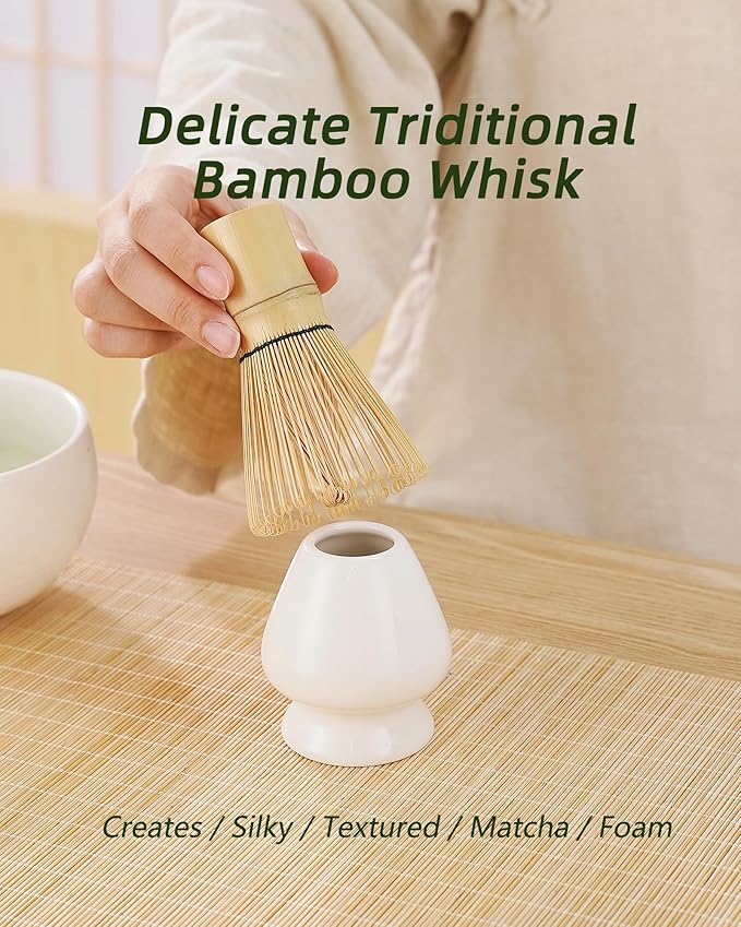 ZENS Matcha Whisk Set, 15oz Ceramic Matcha Bowl with Spout and Bamboo Whisk, Whisk Holder (Chasen), Scoop & Tea Towel, 5pcs Matcha Tea Kit Gift for Matcha Lovers, White