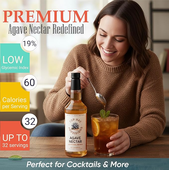 Top Hat Agave Nectar - Made with Organic Agave Nectar - Agave Syrup Sweetener for Cocktails, Mocktails, Lemonades, Coffee, Tea & Desserts - 32oz Bottle