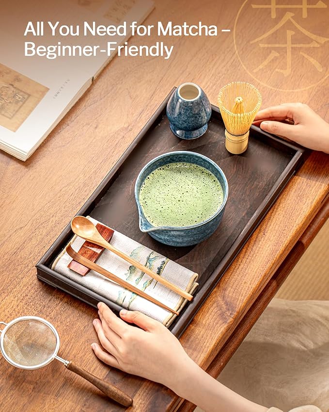 Artisan Matcha Whisk Set - 8 Pcs Premium Matcha Set with Bowl (Chawan), Bamboo Whisk & Tools | Matcha Kit for Making Breakfast/Latte | Gift for Matcha Lovers (Gem Blue)