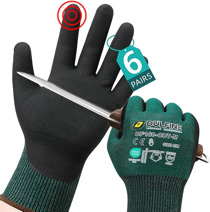 DULFINE ANSI A4 Cut Resistant Work Gloves for Men,6 Pairs Pack.Touchscreen Micro Nitrile Coated,Anti-Slip & Durable for Construction, Wood Cutting,Glass Factory Industrial Use(XX-Large)