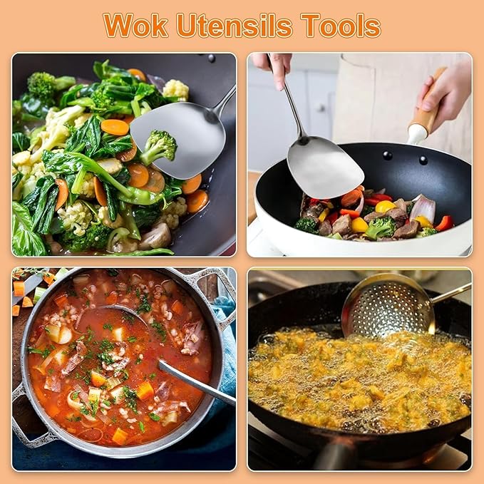 FJNATINH Wok Utensils - Wok tTools - Spatula and Ladle, Skimmer Spoon Set Metal 304 Stainless Steel Kitchen Cooking Utensils Sets, 3-Pieces Wok Tools, Wooden Handle 14-15 Inch