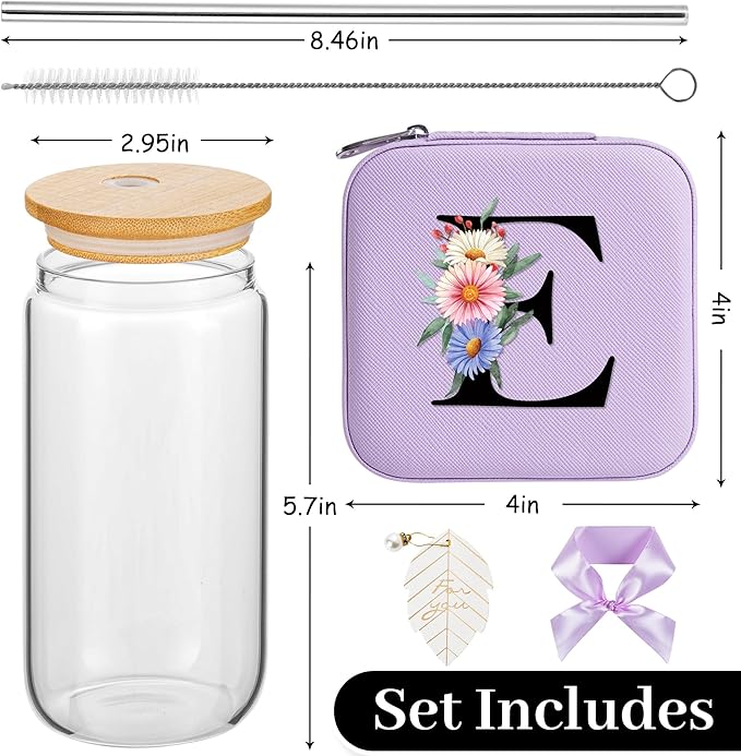 AYGXU Travel Jewelry Cases Organizer,Travel Essentials,Travel Gifts for Women Girls,16oz glass cup with bamboo lid and straw,aesthetic glass cup,Cute Tumbler Cup,Teacher Gifts,Initial E purple
