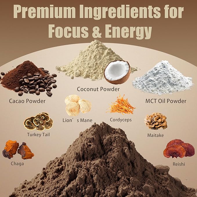 Mushroom Coffee Creamer, Chocolate Flavored Coconut Creamer with Cacao Powder, MCT and 6 Adaptogens (Lion's Mane, Chaga, Reishi) for Focus, Immunity – Sugar & Caffeine Free, Vegan, Gluten-Free, 6.35 Oz