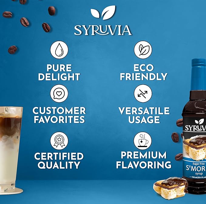 Syruvia Sugar Free Coffee Syrup, S'mores Flavored Syrup for Drinks, Lattes, and Desserts – 25.4 fl oz