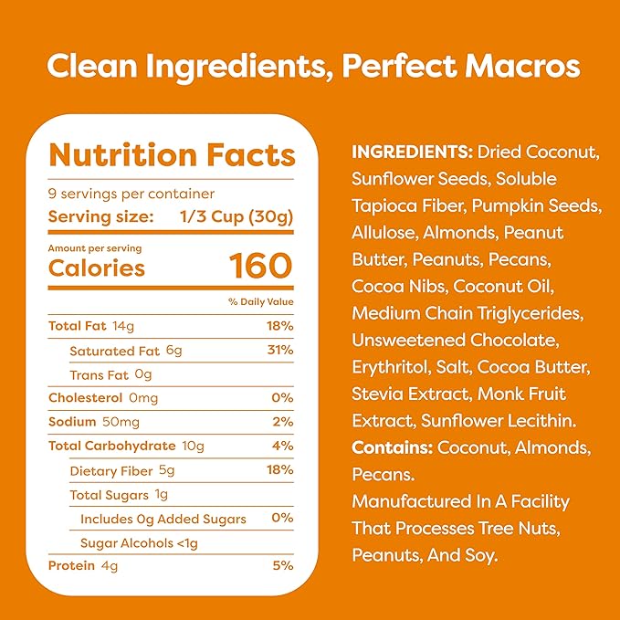 Kiss My Keto Sugar Free Granola, Peanut Butter Chocolate 2-Pack – Curb Cravings with Few Net Carbs – Allulose Sweetened, Resealable & Gluten-Free Crunchy Clusters – Grain Free Granola Great With Yogurt or Milk