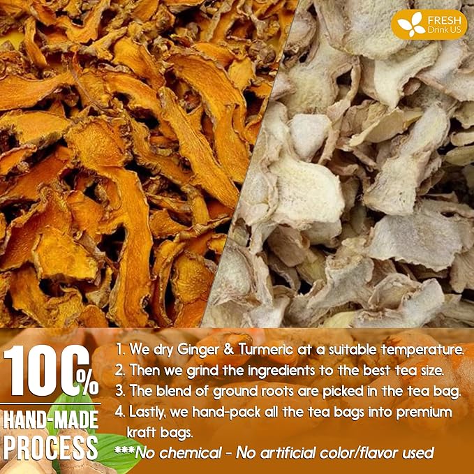 FreshDrinkUS, Premium 85 Ginger Turmeric Tea Bags, 100% Natural Ingredients, Hand-made Blend of Ginger and Turmeric Herbal Tea, Eco-conscious Tea Bags. No Sugar, No Caffeine, No Gluten, Vegan.