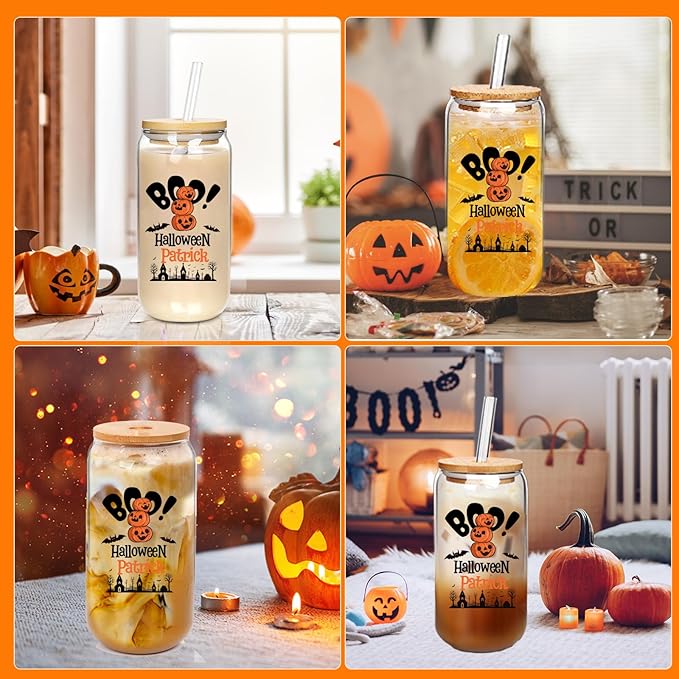 Personalized Halloween Tumbler-Boo Basket Stuffers- Can Shaped Glass with Lids and Straws18OZ -Halloween Gifts for Men Women Kids Son Daughter