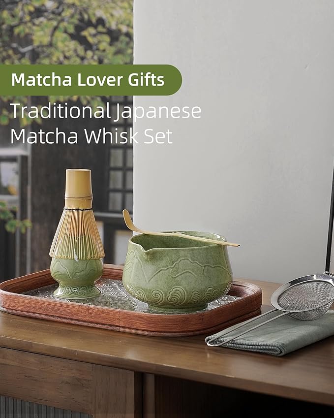 ZENS Matcha Whisk Set, 15oz Ceramic Matcha Set Includes Matcha Bowl, Bamboo Whisk & Chasen Holder, Sifter, Scoop & Tea Towel, 6pcs Matcha Kit for Matcha Latte, Emerald Green