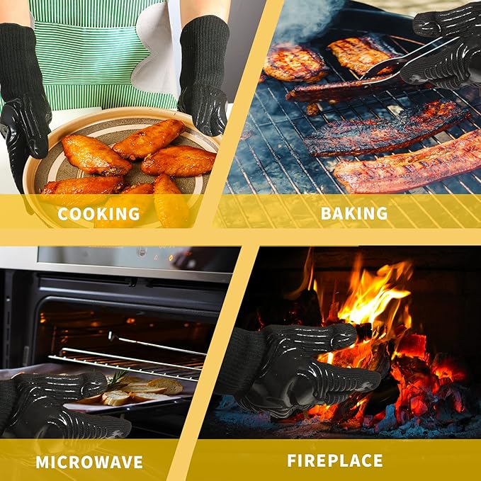 BBQ Gloves, 1472°F Heat Resistant Fireproof Mitts, Silicone Non-Slip Washable Oven Kitchen Gloves for Barbecue, Grilling, Cooking, Baking, Camping, Smoker (Black)
