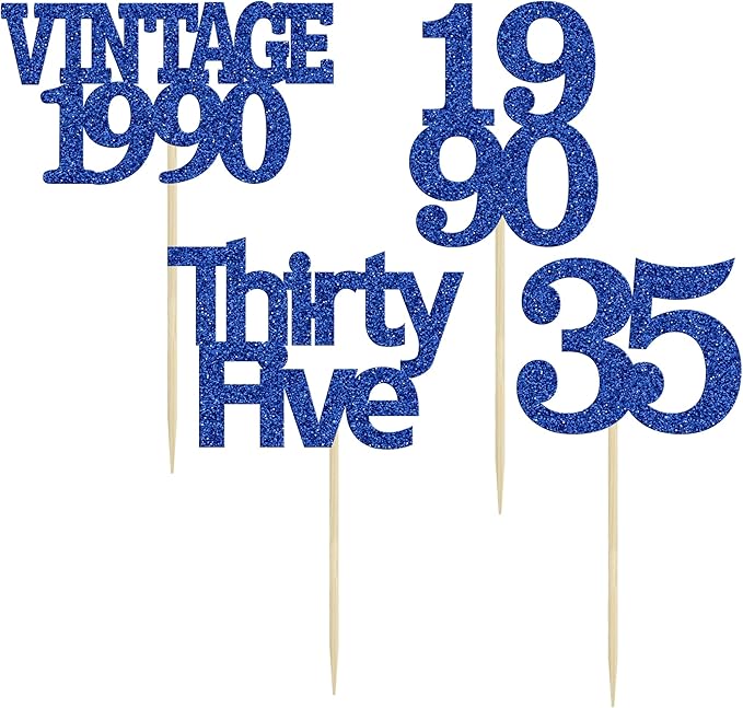 Gyufise 24Pcs Vintage 1990 Cupcake Toppers Glitter Cheers to 35 Fabulous Thirty Five Cupcake Picks 35th Birthday Wedding Anniversary Party Cake Decorations Supplies Deep Blue