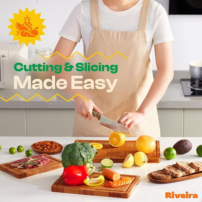 Riveira Bamboo End Grain Wood Cutting Board – Versatile And Durable: Set Of 2 Pcs Wooden Cutting Boards – Natural Wooden Cutting Boards For Kitchen Set – Complete Bamboo End Grain Cutting Board