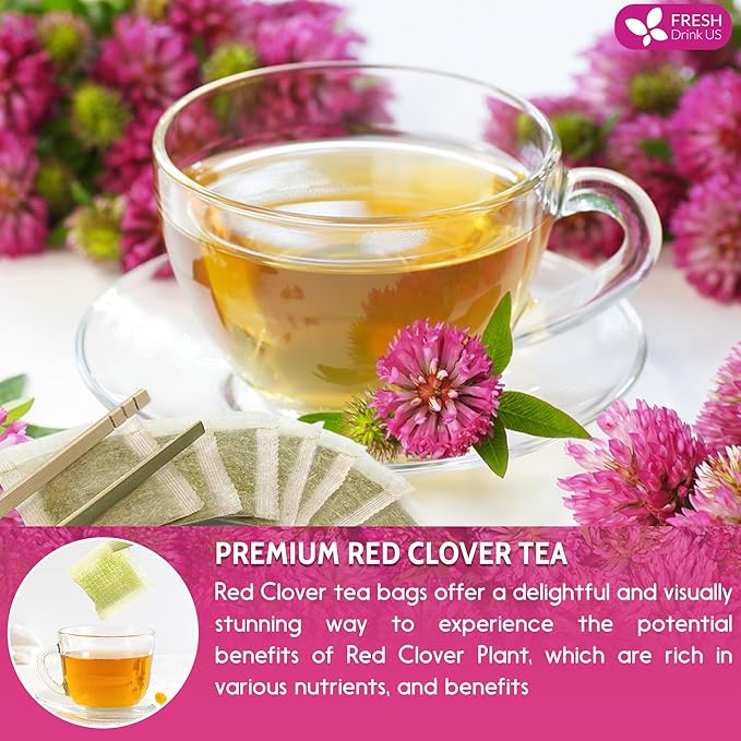 FreshDrinkUS, Premium Red Clover Herbal Tea– 55 Tea Bags – Pure – Naturally Smooth & Mild Flavor – Premium Quality, Eco-Conscious Packaging. Caffeine-Free. Gluten Free. Vegan