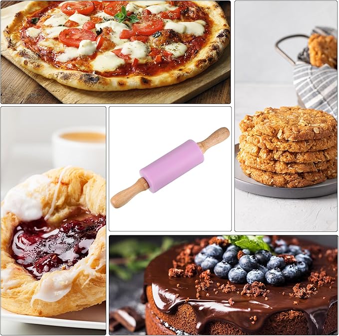 HARFINGTON Silicone Rolling Pins for Baking 9.25 Inch Non-Stick Silicone Surface Wooden Handle Rolling Pin Small Roller Playdough Rolling Pins for Fondant Kitchen Dough Pizza, Purple