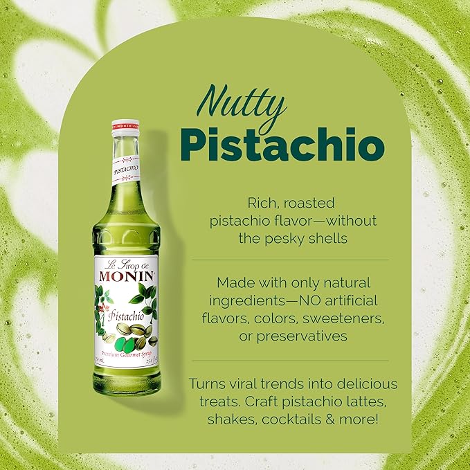 Monin - Pistachio Syrup, Rich and Roasted Pistachio Flavor, Great for Lattes, Mochas, and Dessert Cocktails, Non-GMO, Gluten-Free (1 Liter)