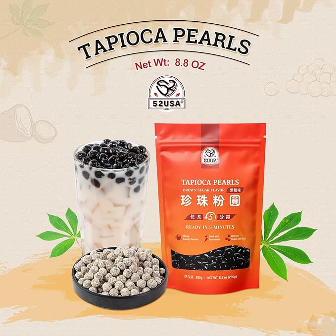 52USA Boba Tapioca Pearl, Black Sugar Flavor, Fresh Bubble Tea Pearl, 8.8 Oz (250 g), Black Tapioca Pearl For Bubble Tea, Ready in 5 Minutes (Pack of 1)