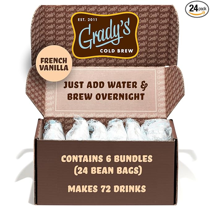 GRADY’S COLD BREW, French Vanilla, 100% Arabica Ground Coffee & Chicory Pouches | SIX Bundles of 4 Easy-to-Brew Bean Bags, Makes 72 drinks